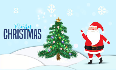 Merry Christmas celebration message with illustration of Santa Claus and decorated Christmas tree on snowfall background. Can be used as greeting card design.