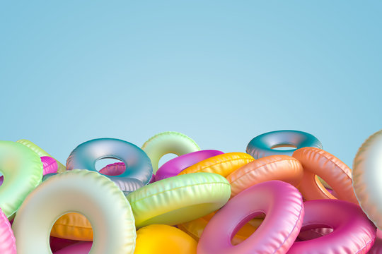 Inflatable circle on a multicolor blue pastel background. Summer vacation concept. Minimal abstract wallpaper concept. Velvet season. Flat lay. 3d render
