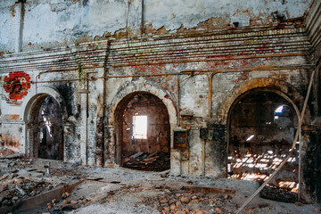 Fototapeta premium Interior of old abandoned red brick industrial building