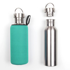 metal steel water flasks on white background