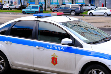 Police car. Russian patrol car, the inscription police. Saint-Petersburg. Russia. 10.21.2019