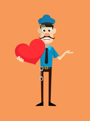 Cartoon Cop Policeman - Holding a Heart and Showing with Hand