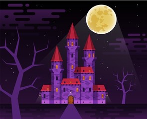 Dark medieval castle in the night. Halloween old castle with moon background. Vector illustration.