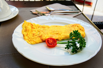 Omelette and tomato and parsley on white plate
