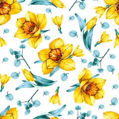 pattern leaves, branches, yellow daffodils