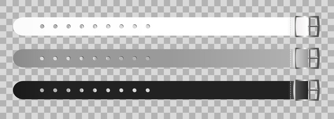 Vector set of black, gray and white silicon waterproof wristbands or bracelets with closing watch mechanism. Hand entrance access control. Templates are isolated on a transparent background.