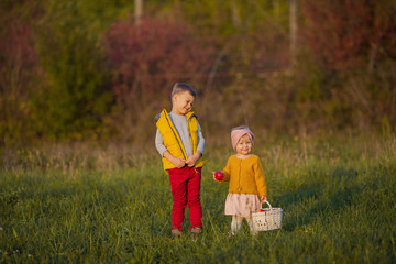 Little cute boy and girl are playing in the autumn garden. Brother and sister with red apples. Warm and bright autumn.