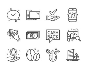 Set of Business icons, such as Money transfer, Dermatologically tested, Payment, Search map, Computer, Approved, Dirty water, Clapping hands, Coffee beans, Star, Employee hand, Buildings. Vector