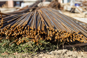 Industrial background. Rebar texture. Rusty rebar for concrete pouring. Steel reinforcement bars. Construction rebar steel work reinforcement. Closeup of Steel rebars.