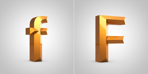Gold 3d letter F isolated on white background.