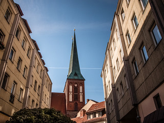 Germany, Berlin - August 23, 2019: View from the street to the Church of St. Nicholas.