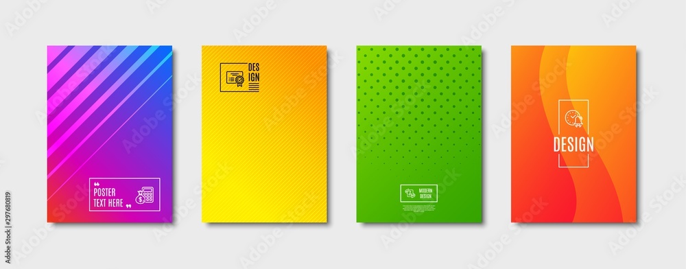 Poster finance calculator, alarm bell and technical algorithm line icons set. cover design, poster template