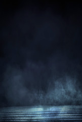 Empty background scene. Dark street reflection on the wet pavement. Rays neon light in the dark, neon figures, smoke. Night view of the street, the city. Abstract dark background. Abstract spotlight.