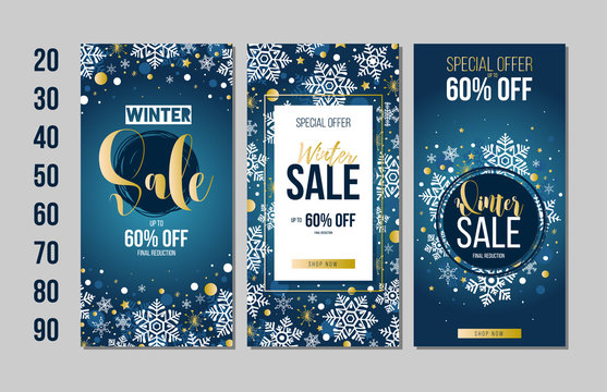 Set of winter sale flyer template with lettering, snowflakes on black background. Winter promotion. Poster, banner, card, label, and other design. Vector illustration.