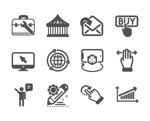 Set of Technology icons, such as Agent, Chart, Globe, Rotation gesture, Receive mail, Tool case, Multitasking gesture, Project edit, Carousels, Augmented reality, Internet, Buying. Agent icon. Vector