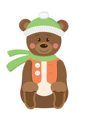 Vector flat illustration with funny bear in hat