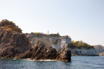 Rocks and cliffs in the Mediterranean sea of ​​the island of Ponza, Lazio region, Italy.