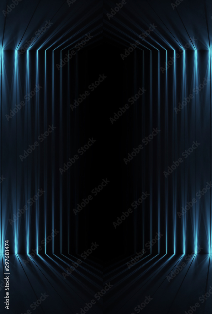Wall mural empty background scene. dark street reflection on the wet pavement. rays neon light in the dark, neo