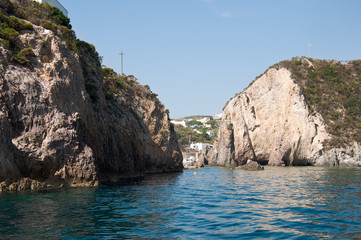 Rocks and cliffs in the Mediterranean sea of ​​the island of Ponza, Lazio region, Italy....