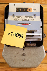 Electricity meter and sticky notes with information about the increase. Home device for measuring...