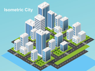 Isometric urban megalopolis top view of the city infrastructure town, street, houses, architecture 3d elements different buildings