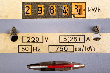 Electricity meter on a white wall. A device for measuring the consumption of electric current.