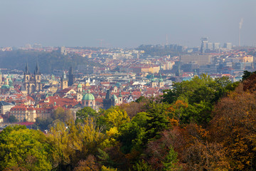 Autumn Prague City with colorful Trees from the Hill Petrin, Czech Republic