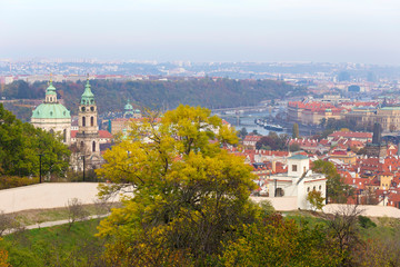Fototapeta premium Autumn Prague City with colorful Trees from the Hill Petrin, Czech Republic