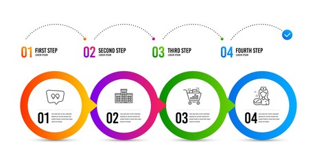 Company, Seo shopping and Quote bubble line icons set. Timeline infographic. Nurse sign. Building, Analytics, Chat comment. Medicine pill. Business set. Company icon. Timeline diagram. Vector