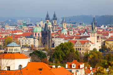 Autumn Prague City with colorful Trees from the Hill Petrin, Czech Republic