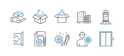 Set of Industrial icons, such as Return package, Hold box, Exit, Get box, Engineer, Engineering, Documentation, Buildings, Lighthouse, Lift line icons. Exchange goods, Delivery parcel. Vector