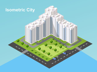 Isometric urban megalopolis top view of the city infrastructure town, street, houses, architecture 3d elements different buildings