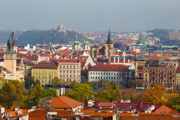 Autumn Prague City with colorful Trees from the Hill Petrin, Czech Republic