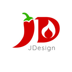 JD letters for hot chili pepper logo design with fire. Stock Vector illustration isolated on white background.