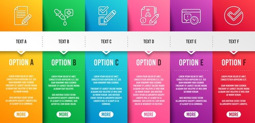 Article, Algorithm and Chemistry pipette line icons set. Infographic timeline. Project deadline, Checkbox and Verify signs. Feedback, Project, Laboratory. Time management. Education set. Vector
