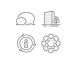 Buildings line icon. Chat bubble, info sign elements. City architecture with tree sign. Skyscraper building symbol. Linear buildings outline icon. Information bubble. Vector