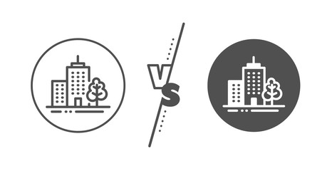 City architecture with tree sign. Versus concept. Skyscraper buildings line icon. Town symbol. Line vs classic skyscraper buildings icon. Vector