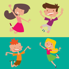 Happy children in different positions big vector jumping cheerful child group and funny cartoon kids joyful team laughing little people characters.
