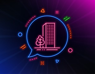 Buildings line icon. Neon laser lights. City architecture with tree sign. Skyscraper building symbol. Glow laser speech bubble. Neon lights chat bubble. Banner badge with buildings icon. Vector