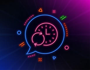 Fototapeta na wymiar Time line icon. Neon laser lights. Update clock or Deadline symbol. Time management sign. Glow laser speech bubble. Neon lights chat bubble. Banner badge with update Time icon. Vector