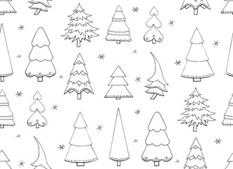 Vector seamless pattern with hand drawn Christmas trees and snowflakes isolated on white background. Endless texture. Wrapping paper, positive new year fabric print. Cartoon winter holiday decoration