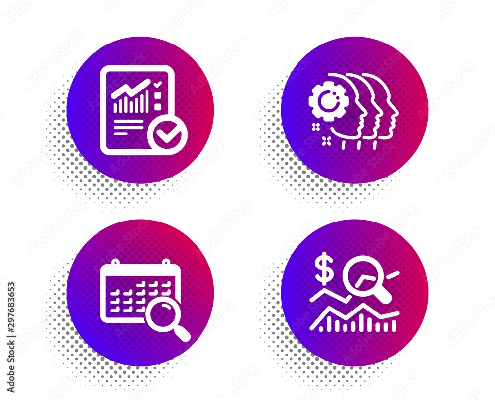 Poster checked calculation, search calendar and employees teamwork icons simple set. halftone dots button. 