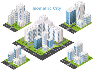 Isometric urban megalopolis top view of the city infrastructure town, street, houses, architecture 3d elements different buildings