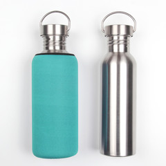 metal steel water flasks on white background