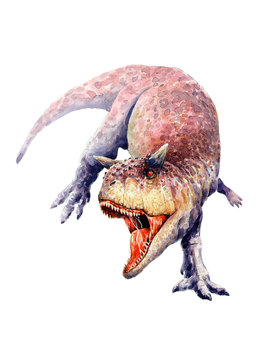 Prehistoric hunter. Carnosaurus in a menacing pose. Watercolor.