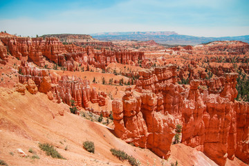 Beautiful Bryce Canyon National Park in Utah, USA. Orange rocks, blue sky. Giant natural amphitheaters and hoodoos formations. Great panoramic views from vista points and breathtaking adventure.