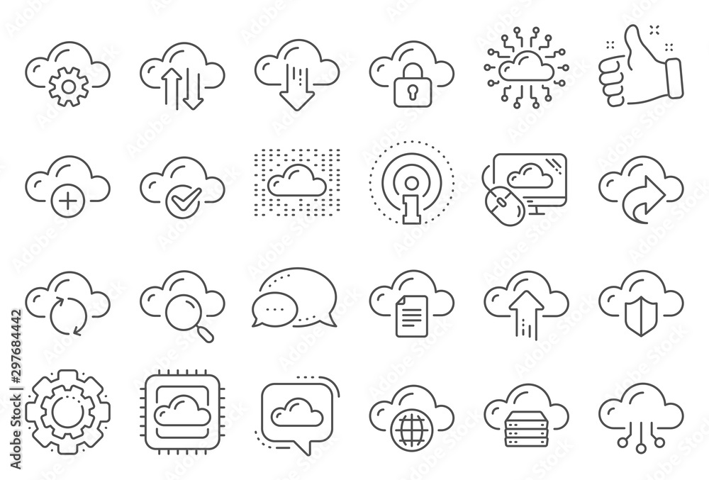 Poster cloud data and technology line icons. set of hosting, computing data and file storage icons. archive