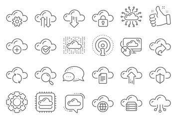 Cloud data and technology line icons. Set of Hosting, Computing data and File storage icons. Archive, Download, Share cloud files. Sync technology, Web server, Storage access. Line signs set. Vector
