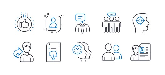 Set of People icons, such as Users, Recruitment, Time management, Thumb down, Share, Support service, Like hand, Employees group, Developers chat, Job interview line icons. Line users icon. Vector