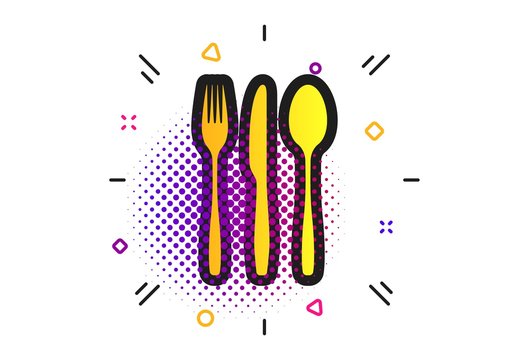 Fork, knife, tablespoon sign icon. Halftone dots pattern. Cutlery collection set symbol. Classic flat cutlery icon. Vector